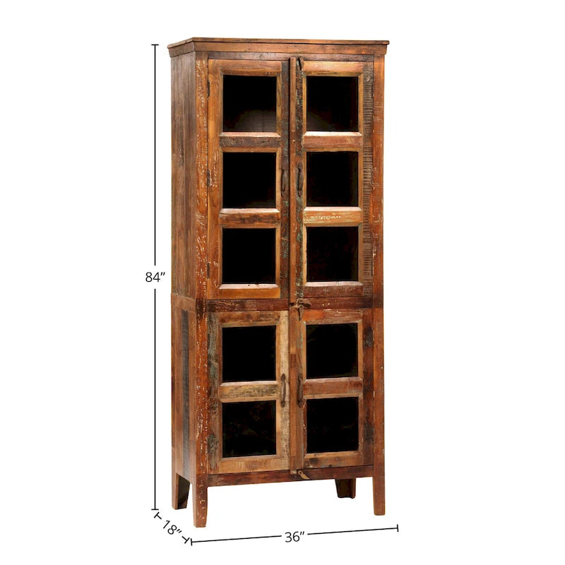 Armoire de rangement Journee de 213 cm de haut en bois de manguier recyclé peint aspect vieilli et verre