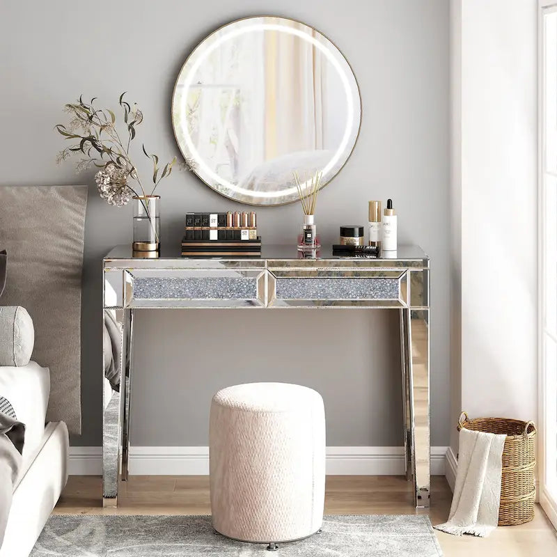 Console de bureau glamour à 2 tiroirs avec miroir - 76 H x 100 L x 35 P cm