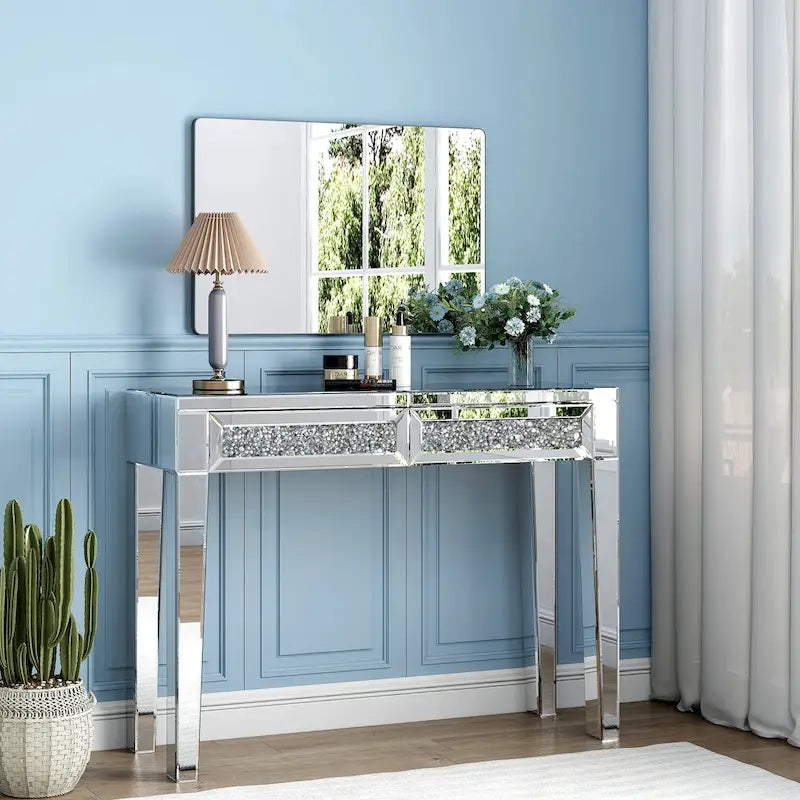Console de bureau glamour à 2 tiroirs avec miroir - 76 H x 100 L x 35 P cm