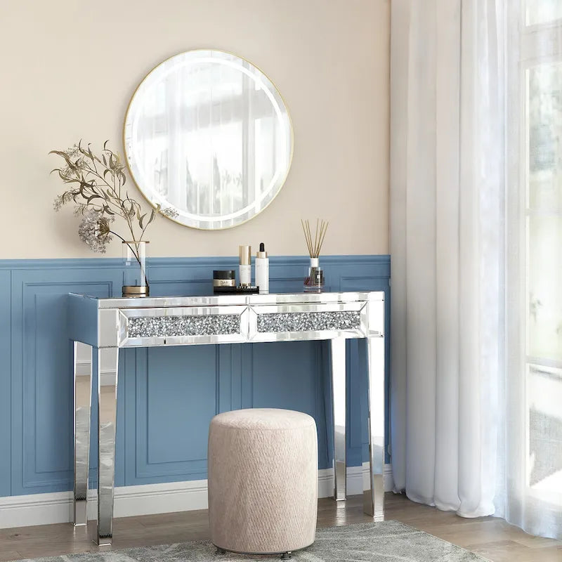 Console de bureau glamour à 2 tiroirs avec miroir - 76 H x 100 L x 35 P cm