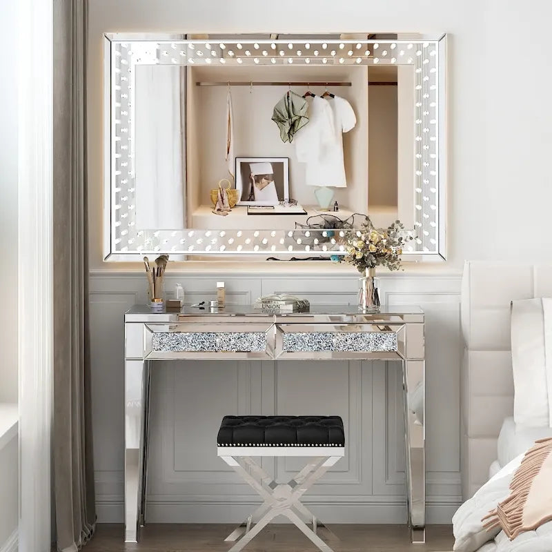 Console de bureau glamour à 2 tiroirs avec miroir - 76 H x 100 L x 35 P cm