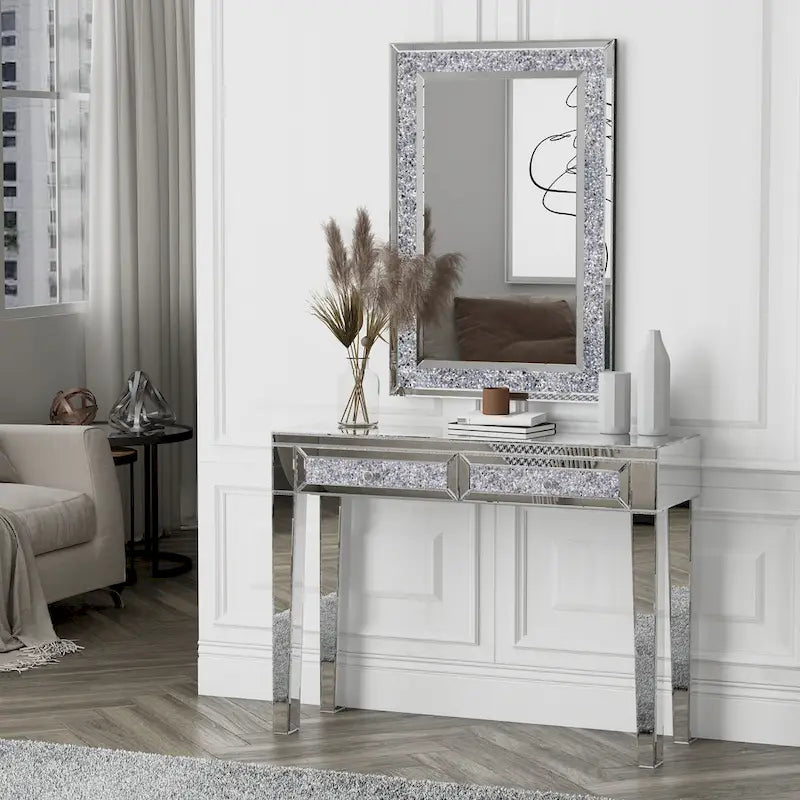 Console de bureau glamour à 2 tiroirs avec miroir - 76 H x 100 L x 35 P cm