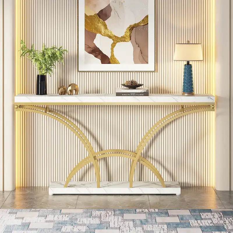 70.9 Faux Marble Console Sofa Table with Half-Moon Shaped Metal Legs for Entryway, Accent Tables for Living Room