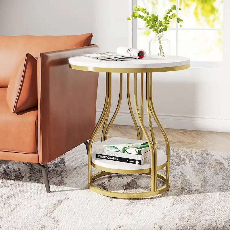 Table d'appoint ronde blanc or Table de bout à 2 niveaux Table de chevet moderne Petite table d'appoint avec rangement pour salon