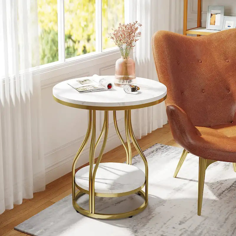 Table d'appoint ronde blanc or Table de bout à 2 niveaux Table de chevet moderne Petite table d'appoint avec rangement pour salon