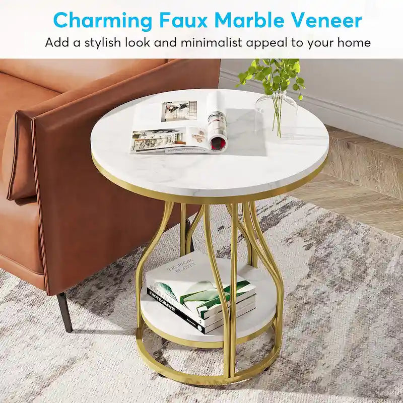 Table d'appoint ronde blanc or Table de bout à 2 niveaux Table de chevet moderne Petite table d'appoint avec rangement pour salon