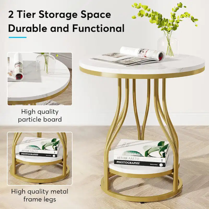 Table d'appoint ronde blanc or Table de bout à 2 niveaux Table de chevet moderne Petite table d'appoint avec rangement pour salon