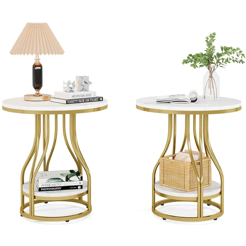 Table d'appoint ronde blanc or Table de bout à 2 niveaux Table de chevet moderne Petite table d'appoint avec rangement pour salon