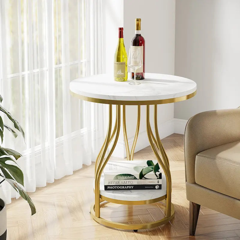 Table d'appoint ronde blanc or Table de bout à 2 niveaux Table de chevet moderne Petite table d'appoint avec rangement pour salon