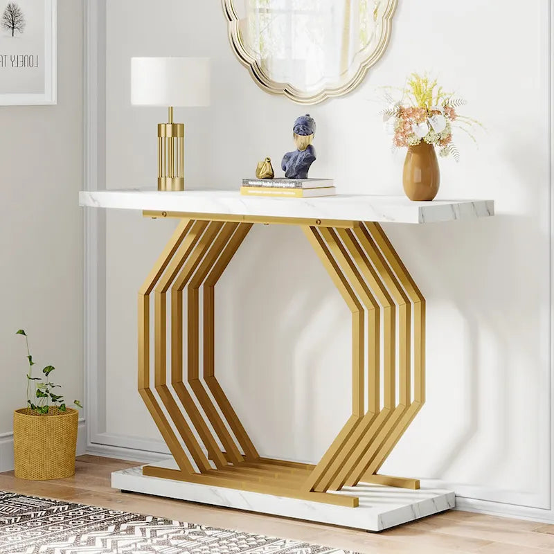Console dorée, Table d'entrée effet marbre, Table de canapé étroite, Table d'appoint moderne de 101,6 cm avec base métallique géométrique