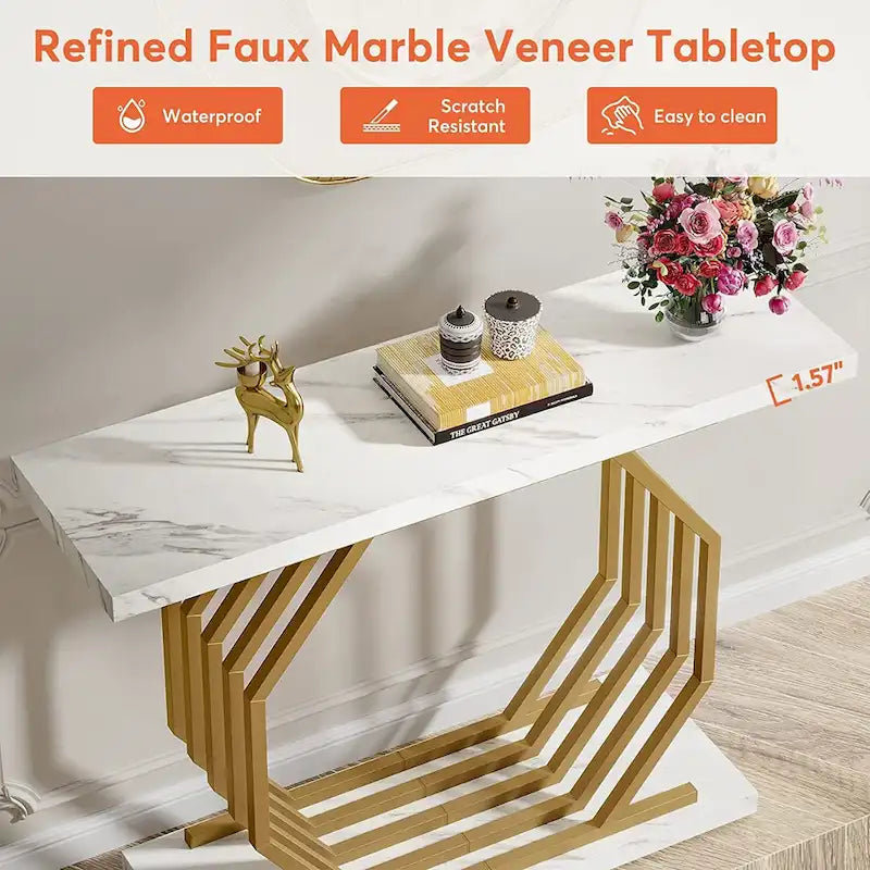 Console dorée, Table d'entrée effet marbre, Table de canapé étroite, Table d'appoint moderne de 101,6 cm avec base métallique géométrique