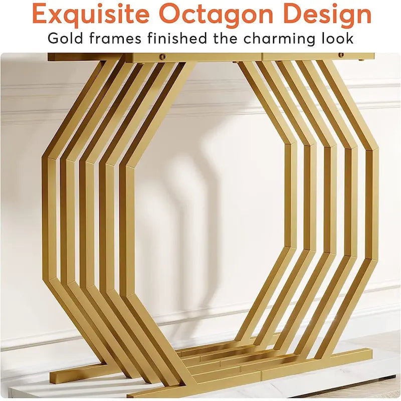 Console dorée, Table d'entrée effet marbre, Table de canapé étroite, Table d'appoint moderne de 101,6 cm avec base métallique géométrique