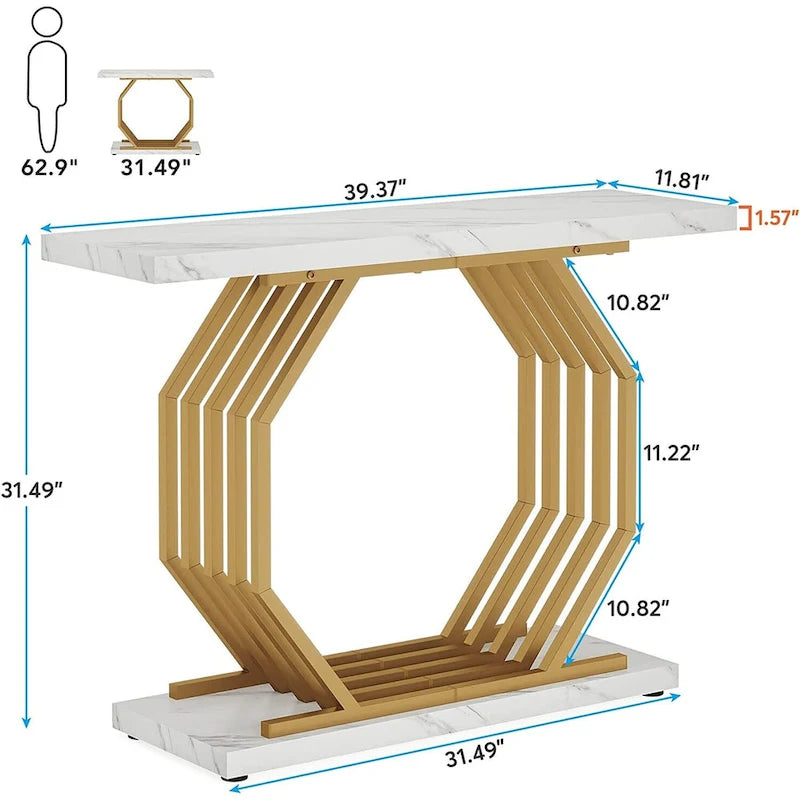 Console dorée, Table d'entrée effet marbre, Table de canapé étroite, Table d'appoint moderne de 101,6 cm avec base métallique géométrique