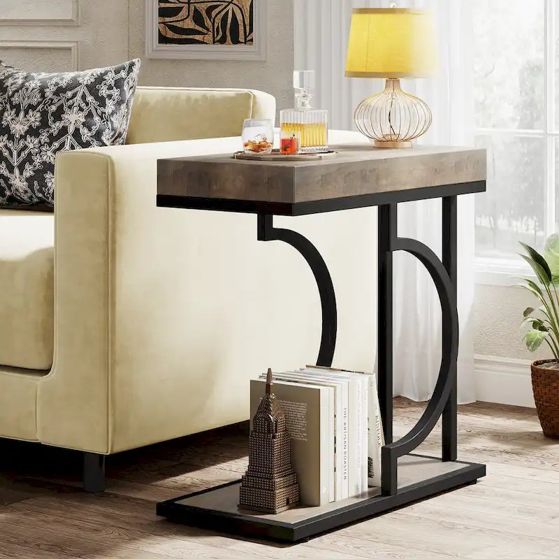 Table d'appoint étroite blanche, table d'appoint dorée, table d'appoint en forme de C, table de chevet moderne