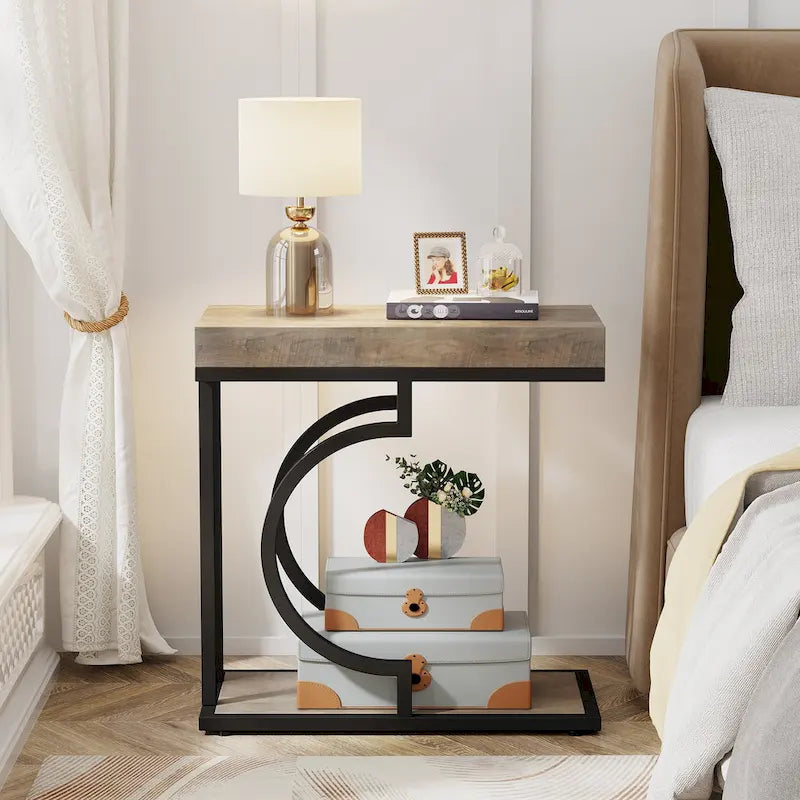Table d'appoint étroite blanche, table d'appoint dorée, table d'appoint en forme de C, table de chevet moderne