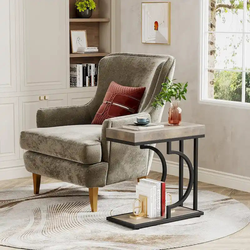 Table d'appoint étroite blanche, table d'appoint dorée, table d'appoint en forme de C, table de chevet moderne