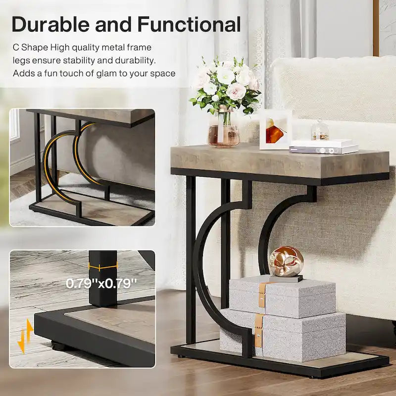 Table d'appoint étroite blanche, table d'appoint dorée, table d'appoint en forme de C, table de chevet moderne