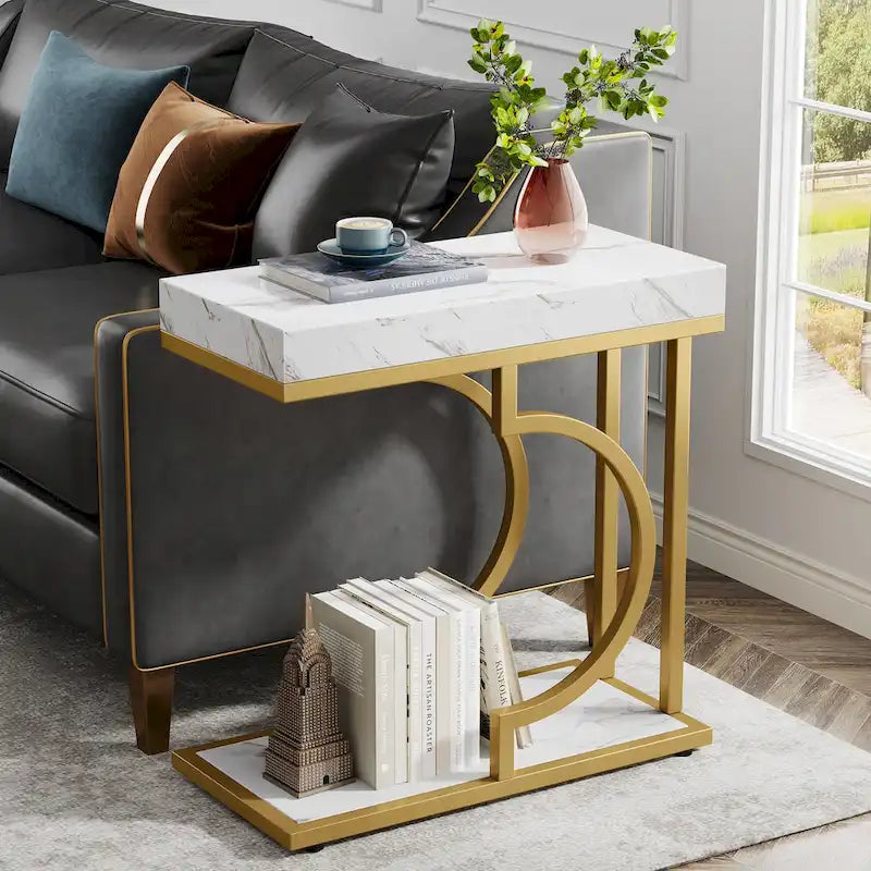 Table d'appoint étroite blanche, table d'appoint dorée, table d'appoint en forme de C, table de chevet moderne