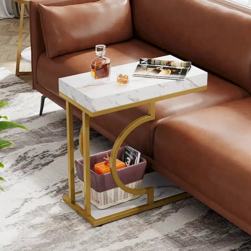 Table d'appoint étroite blanche, table d'appoint dorée, table d'appoint en forme de C, table de chevet moderne