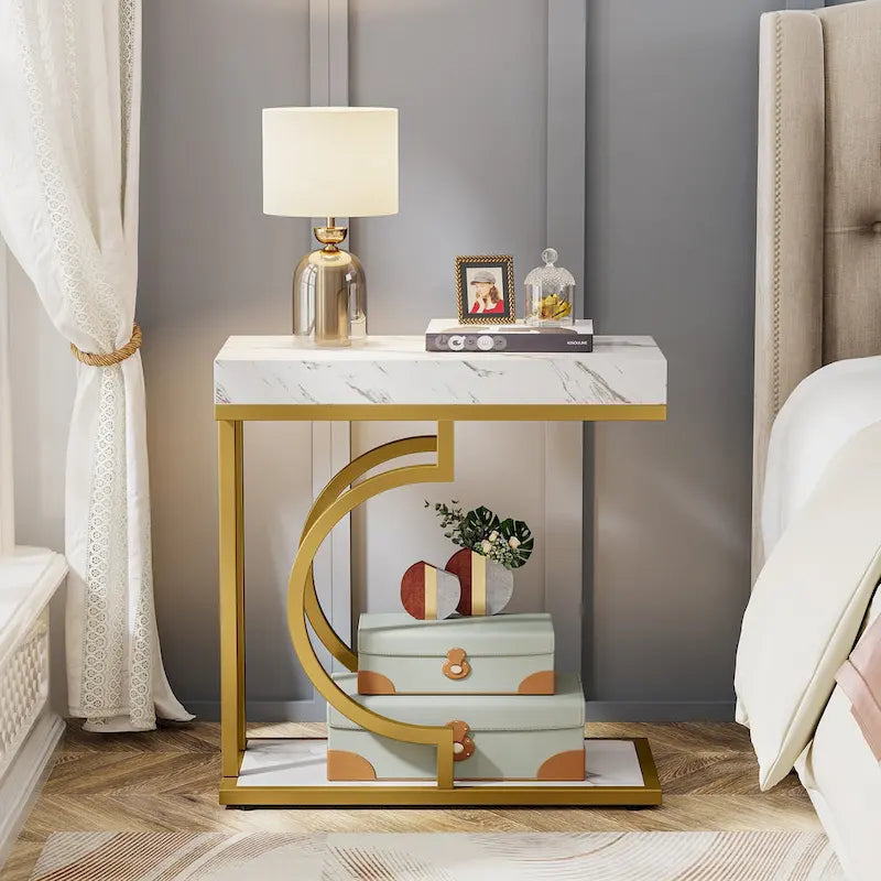 Table d'appoint étroite blanche, table d'appoint dorée, table d'appoint en forme de C, table de chevet moderne