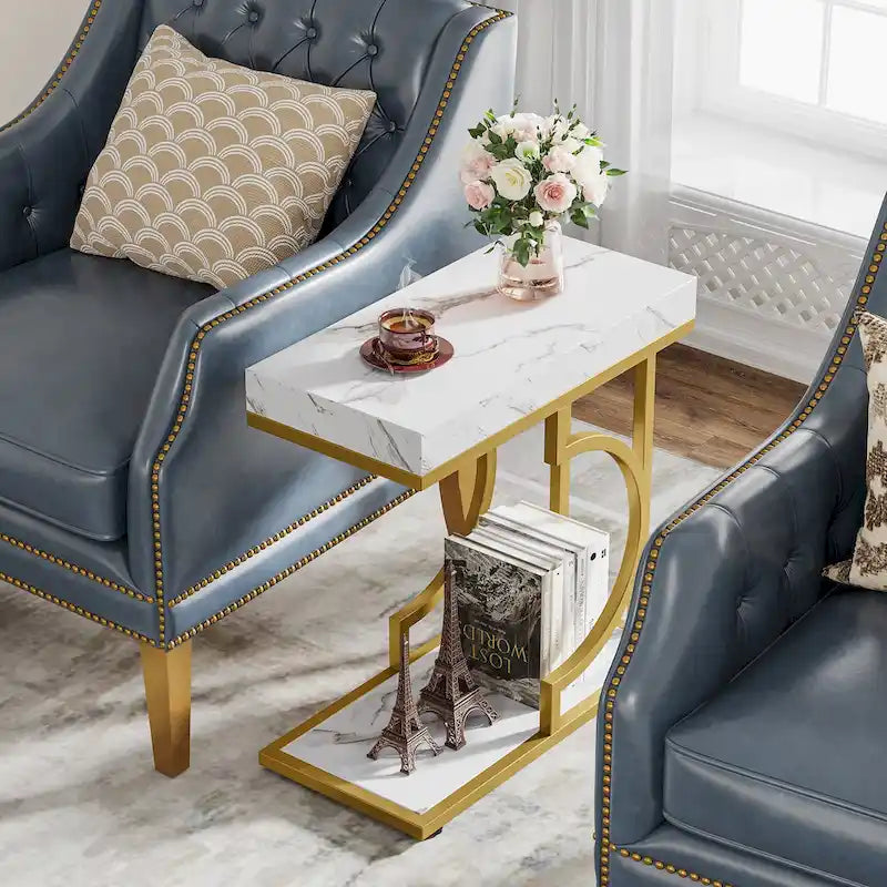 Table d'appoint étroite blanche, table d'appoint dorée, table d'appoint en forme de C, table de chevet moderne