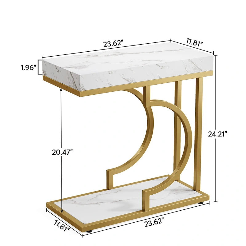 Table d'appoint étroite blanche, table d'appoint dorée, table d'appoint en forme de C, table de chevet moderne