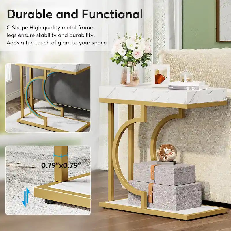 Table d'appoint étroite blanche, table d'appoint dorée, table d'appoint en forme de C, table de chevet moderne