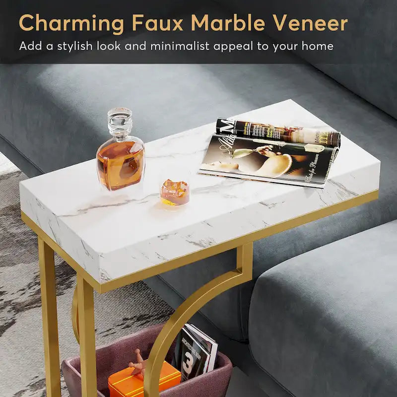 Table d'appoint étroite blanche, table d'appoint dorée, table d'appoint en forme de C, table de chevet moderne