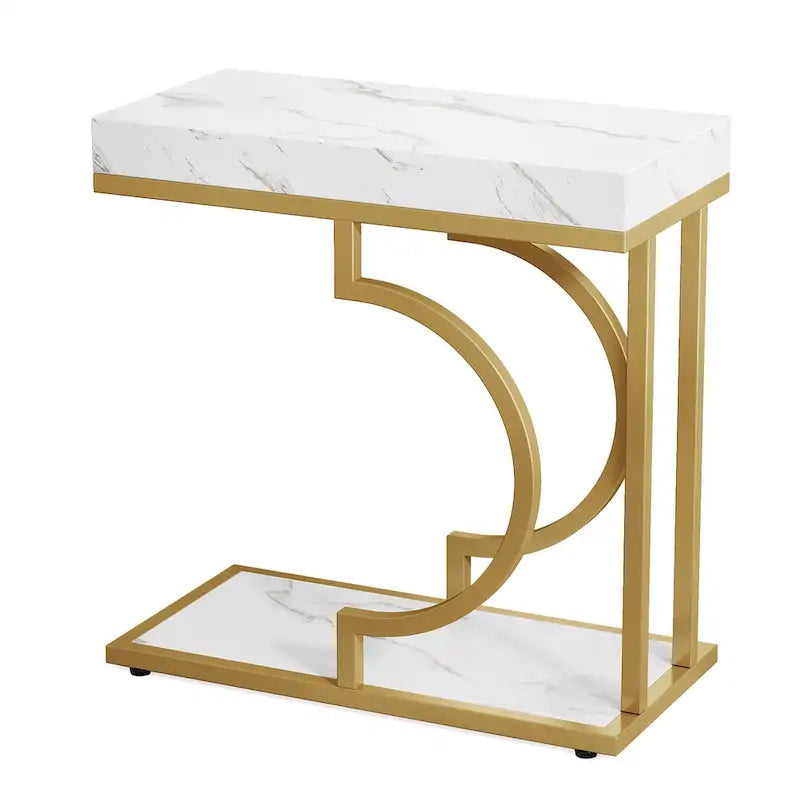 Table d'appoint étroite blanche, table d'appoint dorée, table d'appoint en forme de C, table de chevet moderne