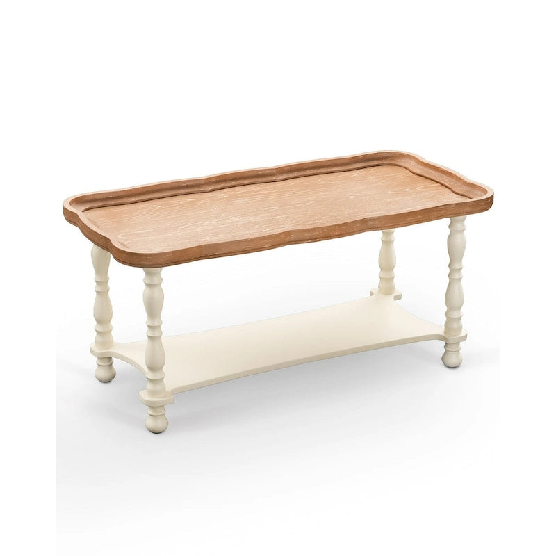 Table basse de style ferme française avec plateau et étagère naturels