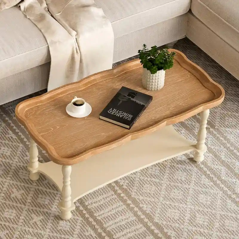 Table basse de style ferme française avec plateau et étagère naturels