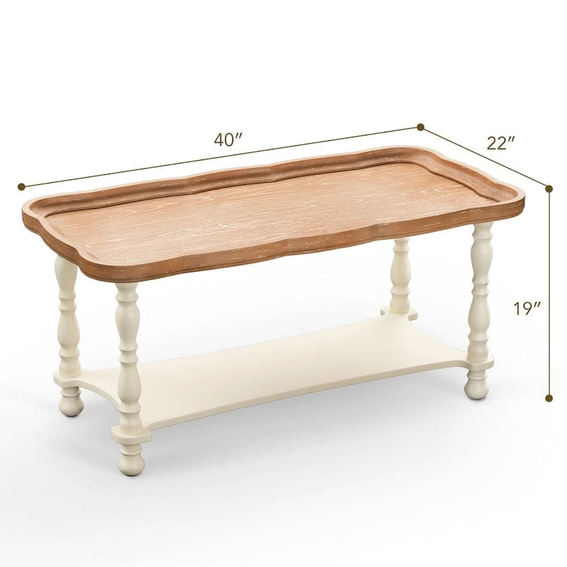 Table basse de style ferme française avec plateau et étagère naturels