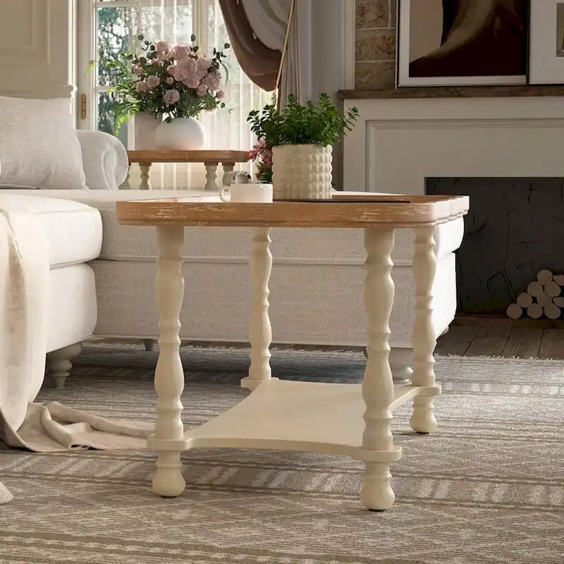 Table basse de style ferme française avec plateau et étagère naturels