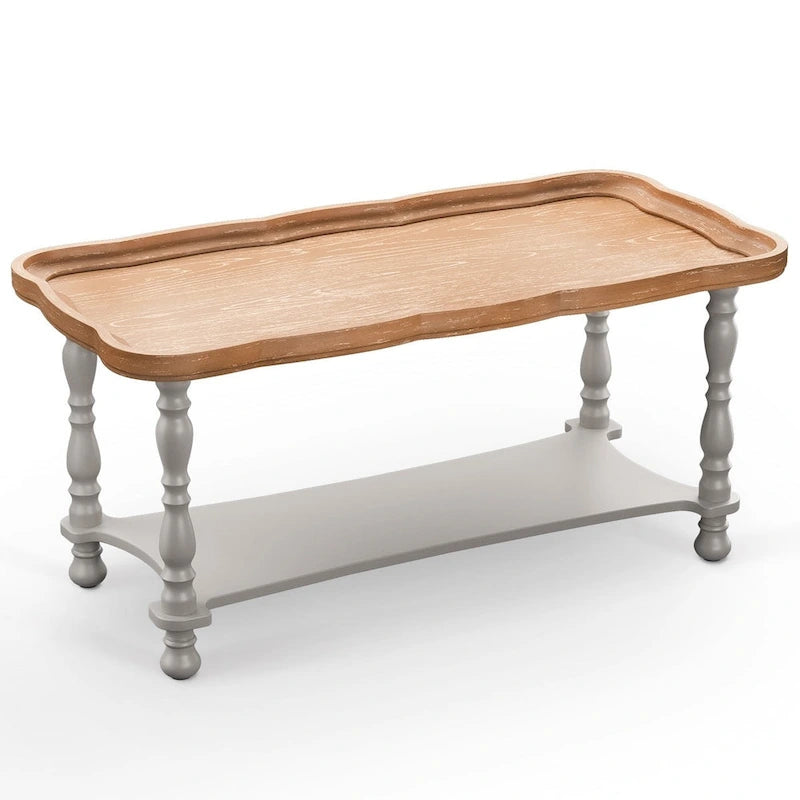 Table basse de style ferme française avec plateau et étagère naturels