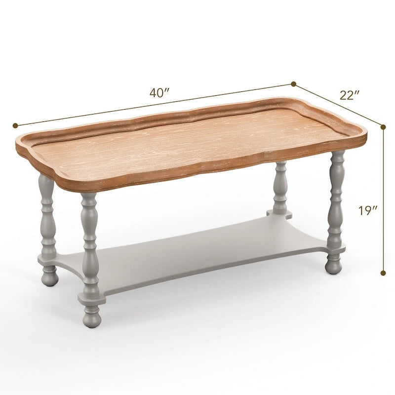 Table basse de style ferme française avec plateau et étagère naturels