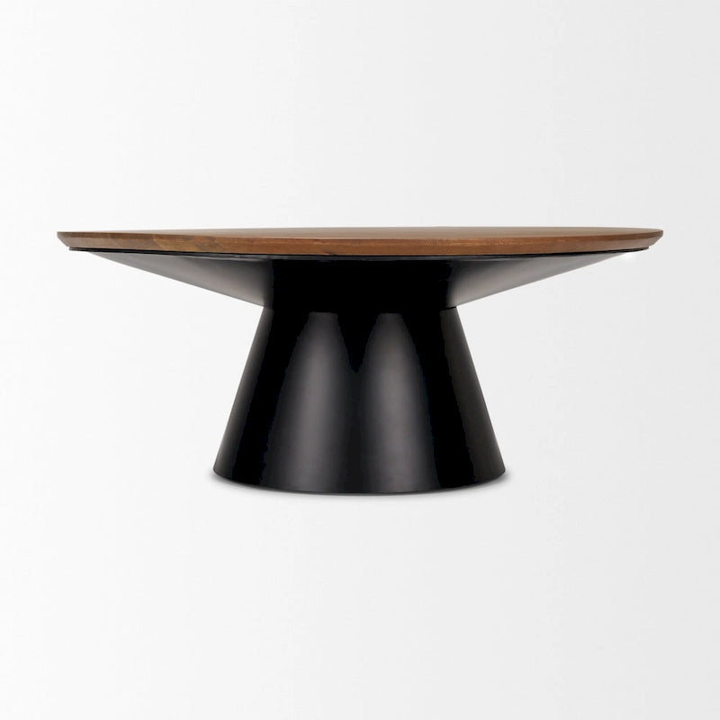 Table basse ronde Mitchell en bois massif avec piétement en fonte noire