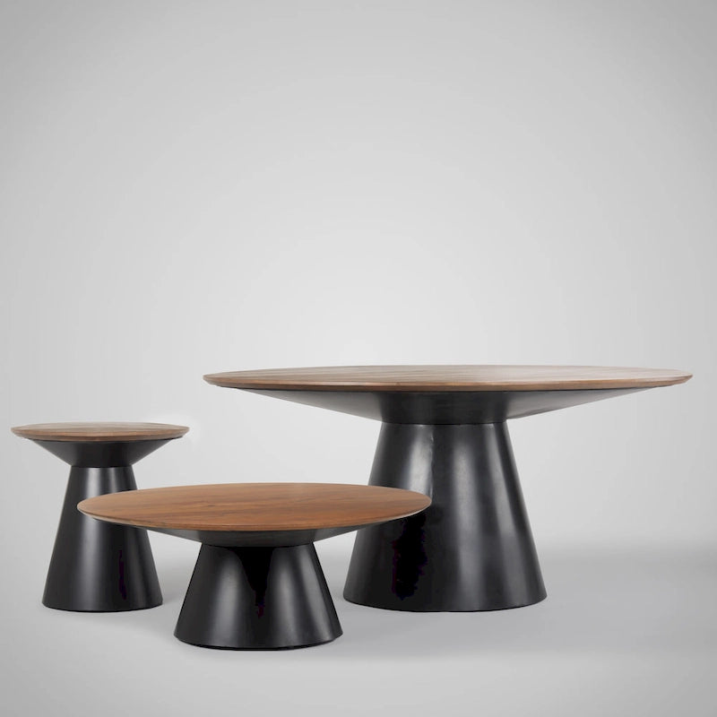 Table basse ronde Mitchell en bois massif avec piétement en fonte noire