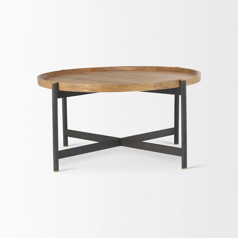 Table basse ronde Marquisa en bois massif brun moyen avec cadre en fer noir 34 - 34L x 34W x 16.5H