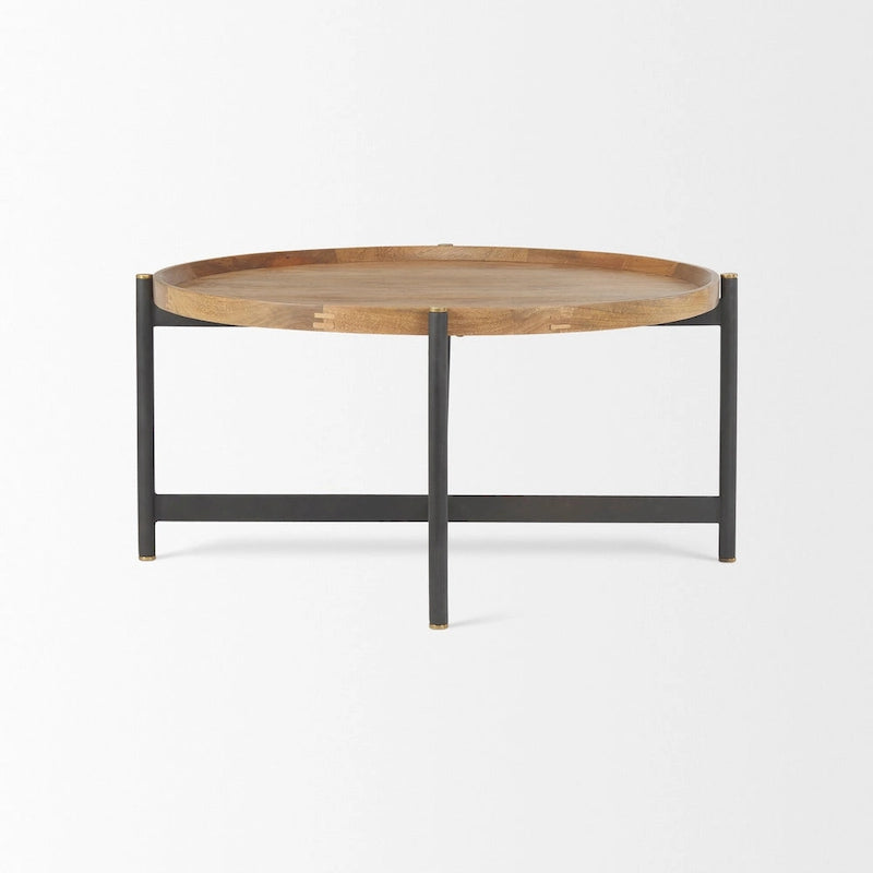 Table basse ronde Marquisa en bois massif brun moyen avec cadre en fer noir 34 - 34L x 34W x 16.5H