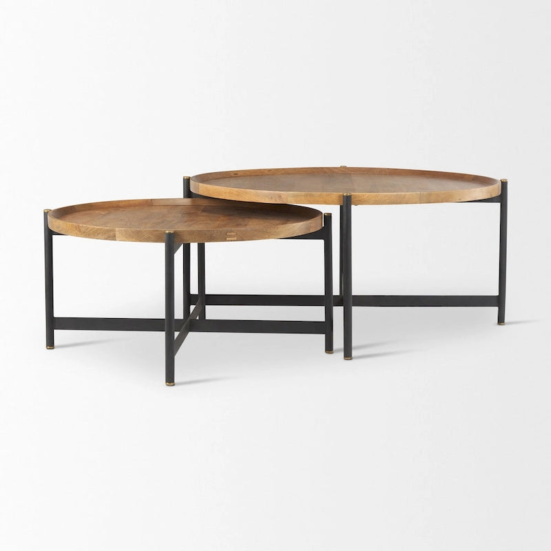 Table basse ronde Marquisa en bois massif brun moyen avec cadre en fer noir 34 - 34L x 34W x 16.5H