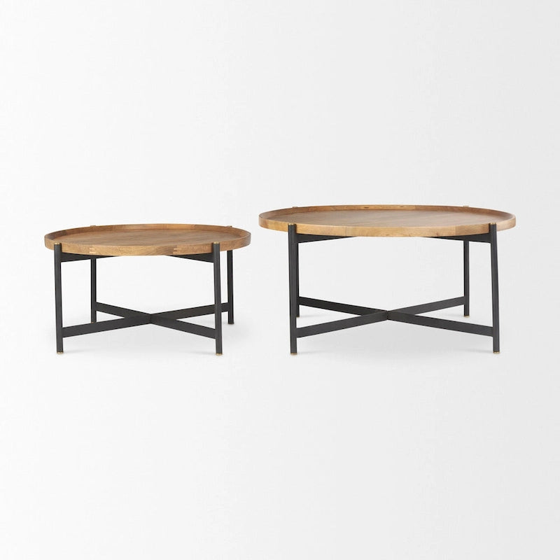 Table basse ronde Marquisa en bois massif brun moyen avec cadre en fer noir 34 - 34L x 34W x 16.5H