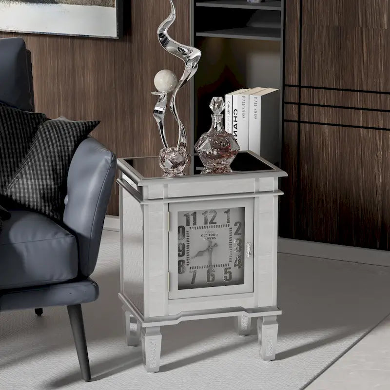 Table d'appoint miroir avec horloge, table de chevet, pour salon, argenté - 19x13x25