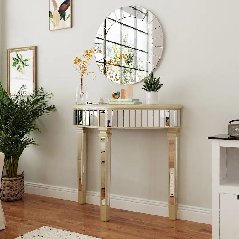 Console demi-lune miroir argenté Table de canapé – 35,4x31,6 pouces
