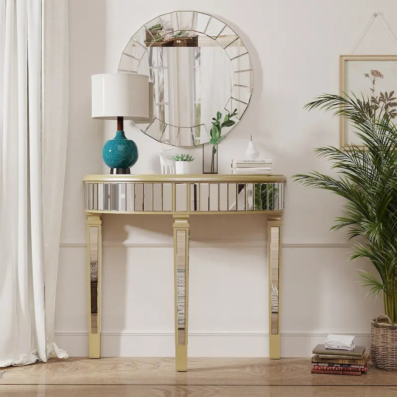 Console demi-lune miroir argenté Table de canapé – 35,4x31,6 pouces