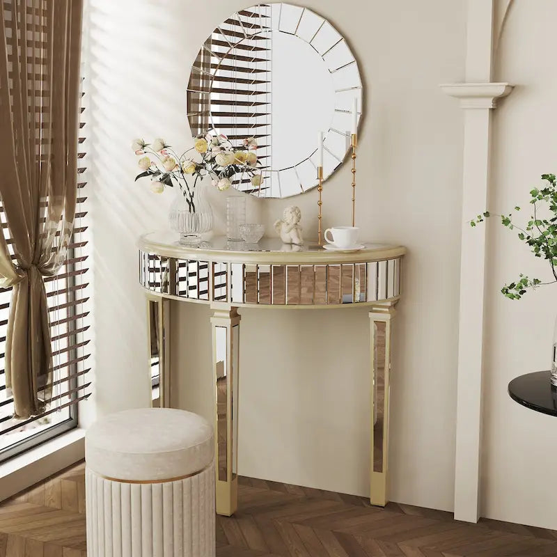 Console demi-lune miroir argenté Table de canapé – 35,4x31,6 pouces