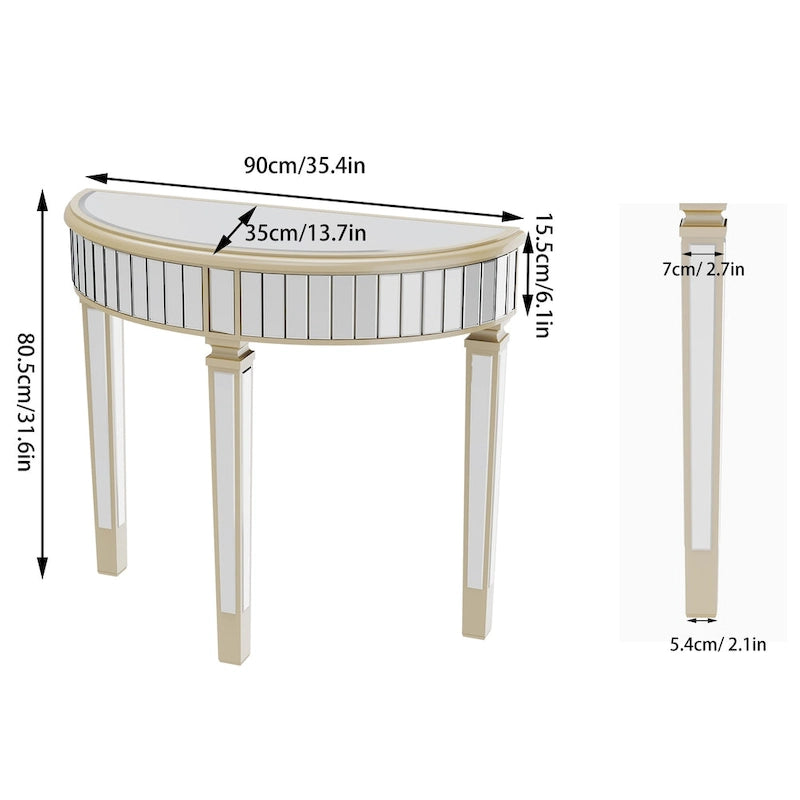 Console demi-lune miroir argenté Table de canapé – 35,4x31,6 pouces