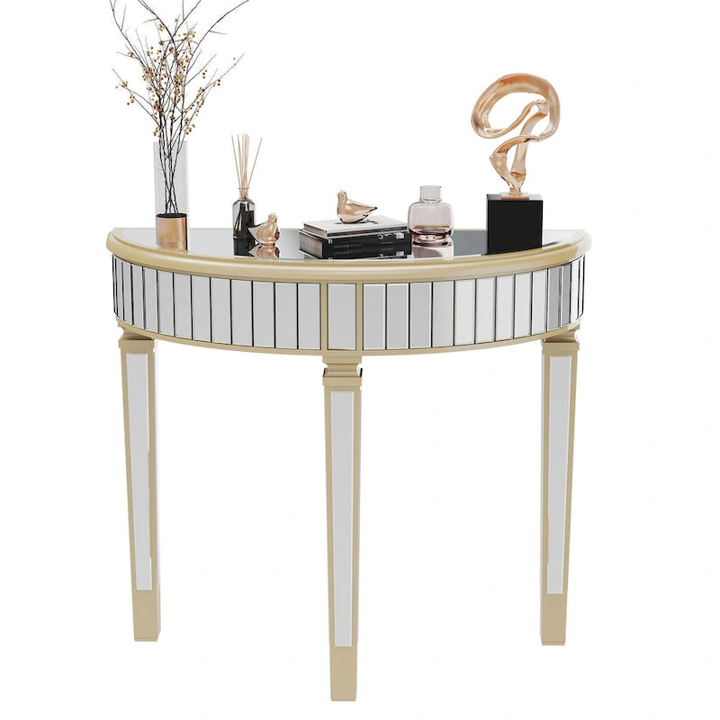Console demi-lune miroir argenté Table de canapé – 35,4x31,6 pouces