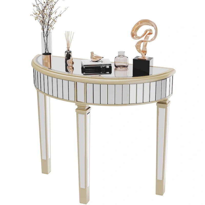 Console demi-lune miroir argenté Table de canapé – 35,4x31,6 pouces