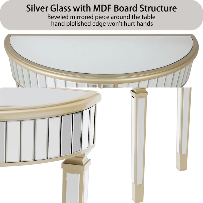 Console demi-lune miroir argenté Table de canapé – 35,4x31,6 pouces