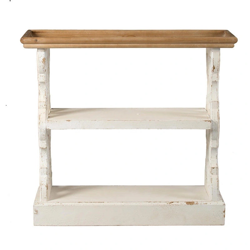 Table console 3 tiroirs de 35 pouces, en bois de sapin, panneaux sculptés, marron et blanc
